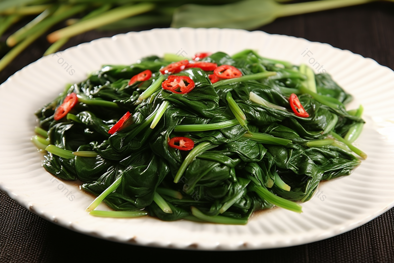 黑色背景盘子里的清炒菠菜,高清,摄影图,摄影图片,图片大全,摄影图免费下载